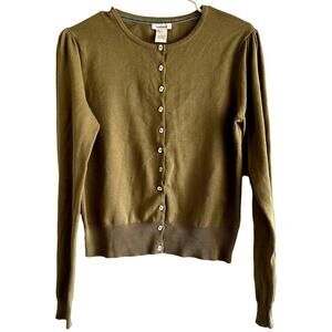 Sundance Button Down Cardigan Sweater Rib Trim Round Neck 100% Cotton Brown M